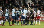 Le Havrais Jean-Philippe Mateta écope d'un carton rouge, lors du barrage de Ligue 2 Ajaccio-Le Havre, disputé en Corse, le 20 mai 2018
