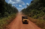 Un camion emprunte la piste reliant sur près de 500 km Georgetown, capitale du Guyana, à Lethem, dans le sud-ouest, à la frontière du Brésil, le 28 août 2025