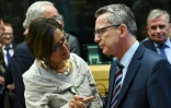 La ministre autrichienne de l'Intérieur, Johanna Mikl-Leitner et le ministre allemande des Affaires étrangègre Thomas de Maiziere le 22 septembre 2015 à Bruxelles 