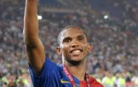 Samuel Eto'o célèbre la victoire du FC barcelone en Ligue des champions, le 27 mai 2009 à Rome
