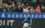 Le Strasbourgeois Morgan Sanson vient d'ouvrir le score contre Lyon, le 28 avril 2023 à Strasbourg