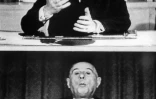 Un montage photo des deux candidats à l'élection présidentielle du deuxième tour, François Mitterrand et le président Charles de Gaulle lors d'un débat à la télévision, le 11 décembre 1965