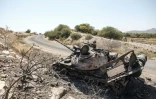 Un char abandonné sur une route près de Humera, le 22 novembre 2020 en Ethiopie 