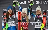 L'Américaine Mikaela Shiffrin (c) remporte le slalom de Courchevel devant la Slovaque Petra Vlhova (g) et la Suédoise Frida Hansdotter le 22 décembre 2018