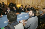 Manuel Valls et Myriam El-Khomri face à William Martinet (Unef) le 11 avril 2016 à Matignon à Paris