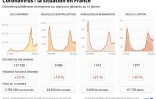 Evolution en France du nombre de nouveaux cas, hospitalisations, entrées en réanimation et décès, totaux et tendances pour ces quatre indicateurs, au 10 janvier