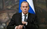 Photo prise le 5 mai 2021 montrant le minstre russe des Affaires étrangères Sergueï Lavrov lors d'une conférence de presse à Moscou