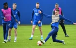 Les Rangers avec Aaron Ramsey (à droite) en tête d'affiche, préparent la finale de la Ligue Europa, lors d'un entraînement, le 12 mai 2022  à Glasgow 