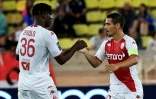 Les Monégasques Breel Embolo (g) et Wissan Ben Yedder lors du match contre Toulouse, le 3 juin 2023 au stade Louis-II 