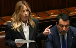 La Première ministre italienne, Giorgia Meloni, s'exprime aux côtés du vice-Premier ministre et ministre des Infrastructures, Matteo Salvini, à la Chambre des députés du Parlement italien, à Rome, le 9 avril 2026