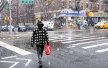 Un passant sous la neige dans une rue de New York, le 17 janvier 2026