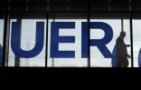 Le logo de l'Union européenne de Radio-Télévision (UER) qui organise le concours de l'Eurovision, le 23 mars 2017 à Genève