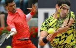Photos juxtapposées du Serbe Novak Djokovic (à gauche) et de l'Espagnol Carlos Alcaraz qui sont les favoris du tournoi de Roland-Garros 2023
