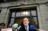 Michel Platini à la sortie le 8 décembre 2015 du Tribunal arbitral du sport (TAS) à Genève