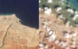 Cette combinaison de photos satellites montre une vue de Derna, en Libye, avant et après les inondations subites survenues dans la nuit du 10 au 11 septembre 2023