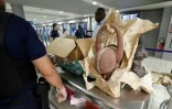 Les douaniers contrôlent des cartons remplis de statuettes africaines et tout juste débarqués d'un avion en provenance du Cameroun, le 26 juillet 2016 à l'aéroport de Roissy-Charles-de-Gaulle