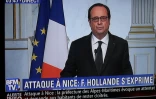 Capture d'écran de l'intervention télévisée de François Hollande le 14 juillet 2015 depuis l'Elysée à Paris, lors de l'attentat au camion à Nice