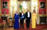 (g-d) La reine Camilla, le roi Charles III, le président américain Donald Trump et son épouse Melania Trump avant un banquet d'Etat au château de Windsor, le 17 septembre 2025 à Windsor