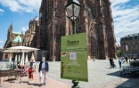Une affiche accrochée à un lampadaire rappelle les gestes barrières et invite les personnes à porter un masque de protection, le 30 mai 2020 à Strasbourg