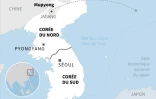 Carte de la péninsule coréenne montrant la trajectoire d'un tir par la Corée du Nord qui semble être celui d'un missile de courte portée en mer, selon l'armée sud-coréenne