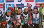 Les Français Simon Desthieux, Emilien Jacquelin, Martin Fourcade et Quentin Fillon Maillet, sacrés en relais aux Mondiaux de biathlon, le 22 février 2020 à Anterselva