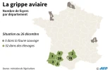Carte de France avec le nombre de foyers (sauvages et élevages)de grippe aviaire par département, au 26 décembre.