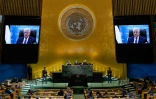 Le président palestinien Mahmoud Abbas s'exprime par vidéo lors d'un débat général au siège des Nations unies, à New York, le 25 septembre 2025