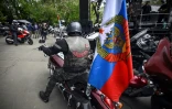 Des motards russes pro-Poutine du club "Loups de la nuit" rassemblés à Moscou pour le départ d'un rallye "patriotique" qui doit passer par l'Est de l'Ukraine et s'achever en Allemagne, le 29 avril 2023