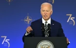 Le président américain Joe Biden prononce un discours lors de la cérémonie du 75 e anniversaire de l'Otan, le 9 juillet 2024 à Washington