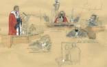 Croquis d'audience du 17 février 2022 de l'avocat général Jacques Dallest (g) et de Nordahl Lelandais (d), à la cour d'assises de l'Isère, à Grenoble
