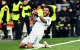 Le défenseur brésilien du Real Madrid Marcelo fête un but contre le PSG, le 14 février 2018 au stade Santiago Bernabeu