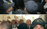 Montage de photos montrant le président français Emmanuel Macron demandant à un policier israélien de quitter l'église Sainte-Anne de Jérusalem, le 22 janvier 2020, et l'ancien président Jacques Chirac, le 22 octobre 1996, s'emportant contre des soldats israéliens qui l'encadraient de trop près