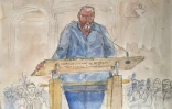 Croquis d'audience du 8 septembre 2025 montrant l'ancien anesthésiste Frédéric Pechier à l'ouverture de son procès, au palais de justice de Besançon, dans le Doubs
