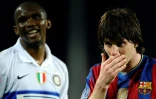 Samuel Eto'o avec l'Inter Milan face à son ex-coéquipier Lionel Messi du FC Barcelone, en demi-finale retour de Ligue des champions, le 28 avril 2010 à Barcelone