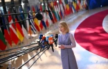 La cheffe de la diplomatie européenne Kaja Kallas répond aux questions des journalistes à Bruxelles le 20 mars 2025
