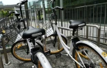 Des bicyclettes de vélopartage de la société Obike, disponibles le 1er février 2017 près d'une gare à Singapoure