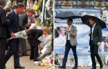 Montage photo des fils de Diana devant le Palais de Kensington accompagnés de leur père le prince Charles, le 5 septembre 1997 (à gauche) et le 30 août 2017 à Londres, à la veille du 20e anniversaire de sa mort