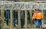 Des membres de l'association Vie Active, mandatée par l'Etat pour la distribution de repas, parlent avec des migrants à travers un grillage surmonté de barbelés, le 6 mars 2018 à Calais