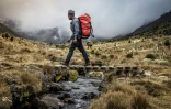 Le guide et porteur Godfrey Mwangi traverse une rivière près des contreforts du mont Kenya, dans le parc national du mont Kenya, le 6 mars 2025