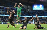 Les joueurs de la Juventus explosent de joie après leur victoire sur Manchester City, le 15 septembre 2015 à l'Etihad Stadium 