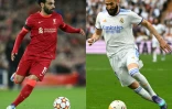 Montage photo des attaquants de Liverpool et du Real Madrid, l'Egyptien Mohamed Salah, le 13 avril face à Benfica, et le Français Karim Benzema, le 30 avril face à l'Espanyol, qui s'affronteront en finale de la Ligue des Champions, le 28 mai 2022 au Stade de France à Saint-Denis