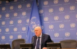 L'ambassadeur russe à l'ONU, Vassily Nebenzia, lors d'une conférence de presse à New York, le 28 février 2022