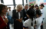La reine Camilla visite une école à Rome, le 9 avril 2025 lors d'une visite d'Etat du coupe royal britannique en Italie