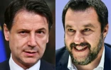 Le Premier ministre italien sortant Giuseppe Conte (G), à Rome le 3 juin 2019, et le ministre sortant de l'Intérieur Matteo Salvini (D), à Milan le 8 avril 2019