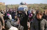 Des milliers de civils ayant fui les violences, à leur arrivée le 8 décembre 2016 au village d'Aziza au nord d'Alep