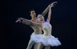 Le danseur Brésilien David Motta (G), lors de la répétition générale du 'Lac des Cygnes" au Théâtre municipal de Rio de Janeiro, le 12 mai 2022