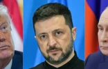 Un combo photo créé le 14 août 2025 montrant Donald Trump, Volodymyr Zelensky et Vladimir Poutine