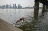 Un homme plonge dans le fleuve Yangtze, Ă Wuhan, en Chine, le 16 avril 2020