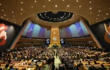 Vue de la salle de l'Assemblée générale des Nations unies, le 22 septembre 2024 au siège de l'ONU à New York