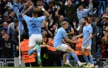 La joie des Mancuniens après le but de Bernardo Silva (d) contre le Real Madrid, le 17 mai 2023 à Manchester  